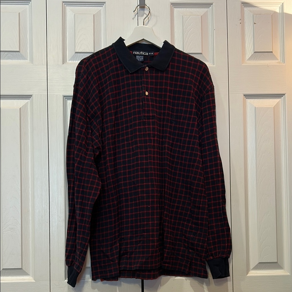 Vintage Nautica Red & Navy Plaid Long Sleeve Polo
